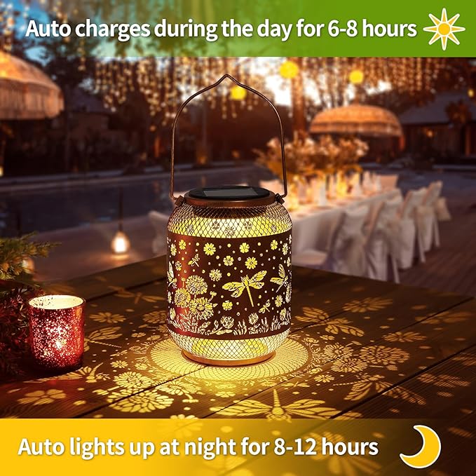 2 Pack Solar Lanterns Outdoor Waterproof Dragonfly Garden Decor Birthday Gifts for Women Mom Grandma Hanging Solar Lights Metal Decoration Outside for Yard, Patio, Backyard, Porch,Pathway