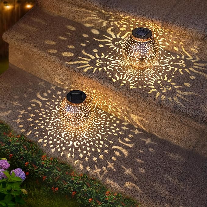 Go2garden Outdoor Solar Lanterns Waterproof Garden Gifts Women Yard Decorations Metal Moon Sun Hanging Solar Lights for Patio, Balcony, Tabletop,Birthday Mothers Day Gifts for Mom (Bronze,2Pack)