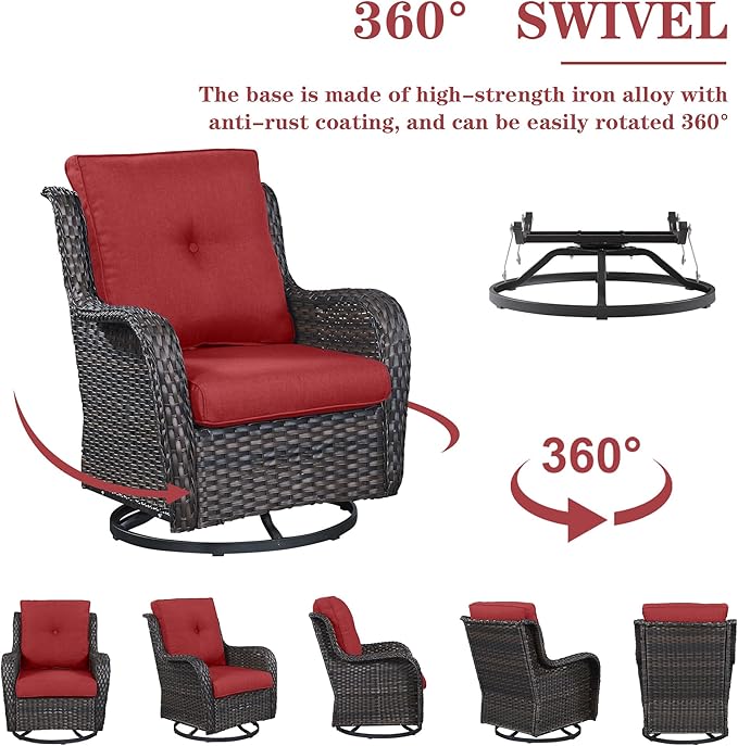5 Pieces Patio Furniture Sets Wicker Outdoor Furniture, Rattan Patio Swivel Glider Chairs with 2 Ottoman and Glass Side Table