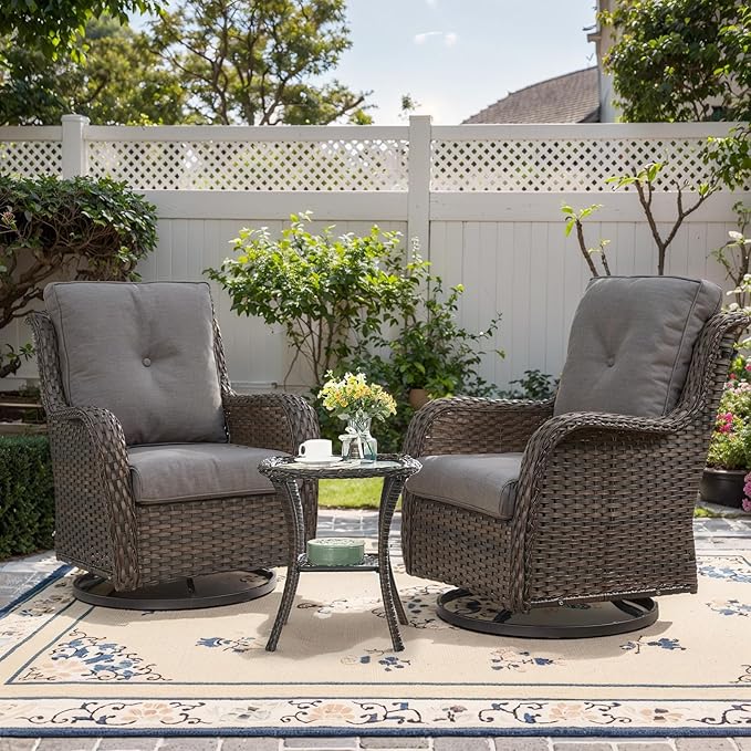 Patio Furniture Set Swivel Rcoker - 3 Pieces Outdoor Glider Rocking Chairs with Small Side Table, Wicker Chair Sets for Porch, Balcony and Garden