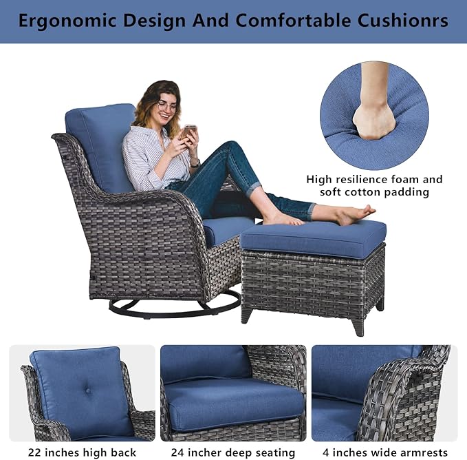 4 Pieces Patio Furniture Sets, Wicker Patio Swivel Glider Chair with Ottomans, Outdoor Furniture Set for Outside Porch, Deck, Balcony, Garden