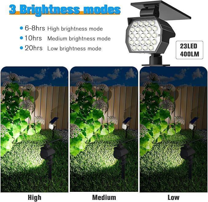 NIORSUN Solar Spot Lights Outdoor,23 LEDs Landscape Lighting with Auto On/Off and 3 Lighting Modes, IP67 Waterproof Spotlights,Outdoor Solar Lights for Yard Garden,4 Pack(Cool White)