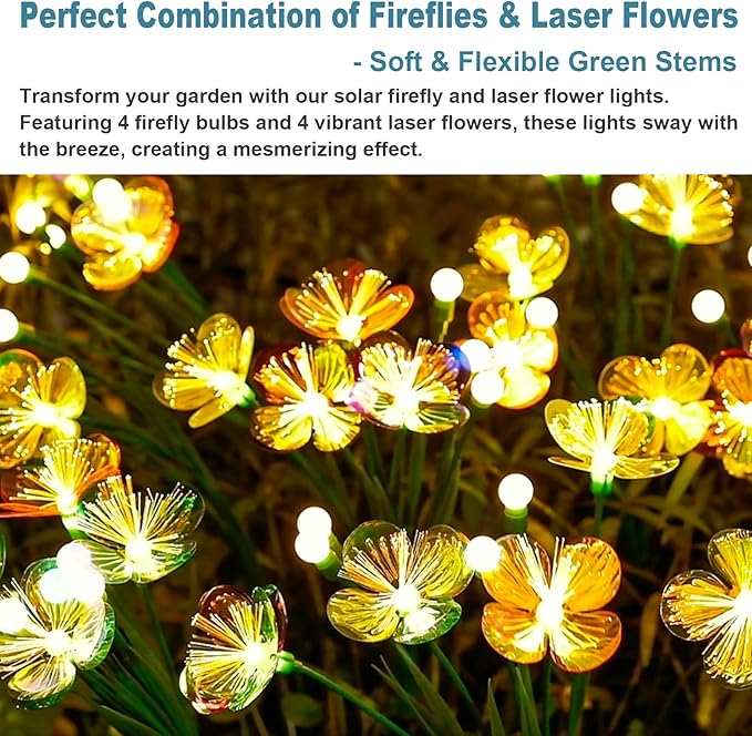 Solar Swaying Garden Lights – Upgraded Flower & Firefly Lights with Larger Solar Panel, Waterproof Outdoor Pathway & Flowerbed Light for Yard & Holiday Decor (2pack)