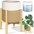 PAULINN Plant Basket with Stand 11" x 11", Woven Basket with Bamboo Plant Stand, for Indoor Plant, Fits Up to 10 Inch Plant Pots, White and Beige