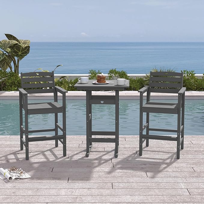 Tall Adirondack Chairs Set of 4, HDPE Wood Balcony Adirondack Chairs Set with Heart Cutout Design, Weather-Resistant Bar Height Furniture for Deck, Porch, Pool (Grey)