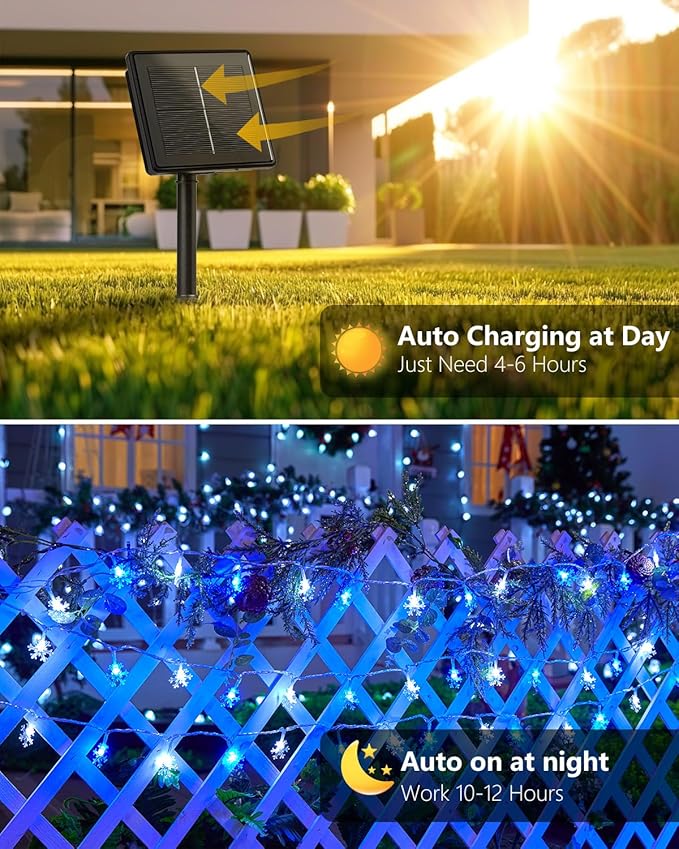 Brightown Solar Christmas Snowflake String Lights, 72FT 200 LED Outdoor Waterproof Fairy Lights with 8 Lighting Modes for Wedding, Party, Tree, Room, Garden, Patio, Yard, Home, Blue&White