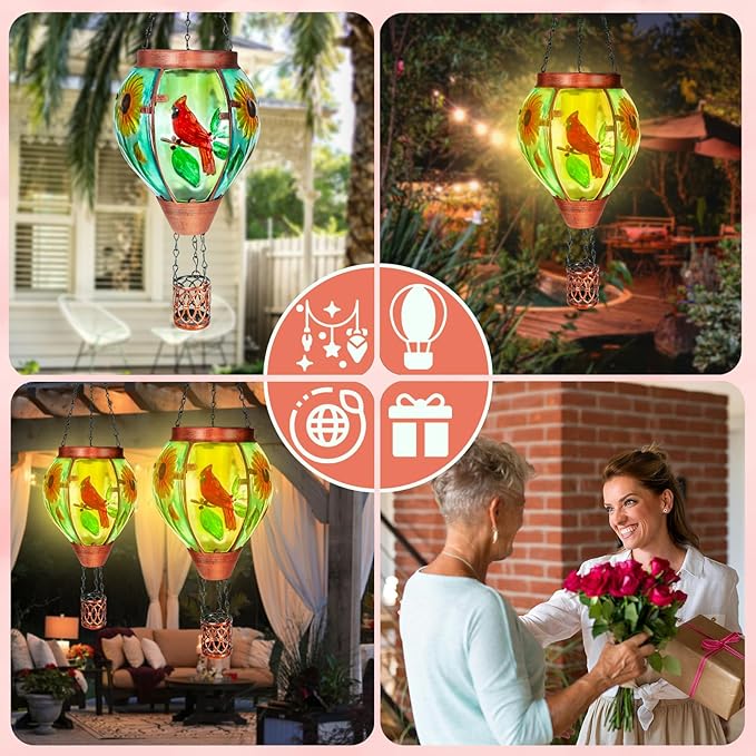 Solar Hot Air Balloon Lantern with Flame， Cardinal Glass Solar Hanging Lights Outdoor Yard Patio Farmhouse Decoration, Cardinal Gifts for Women Grandma Mom - Cardinal