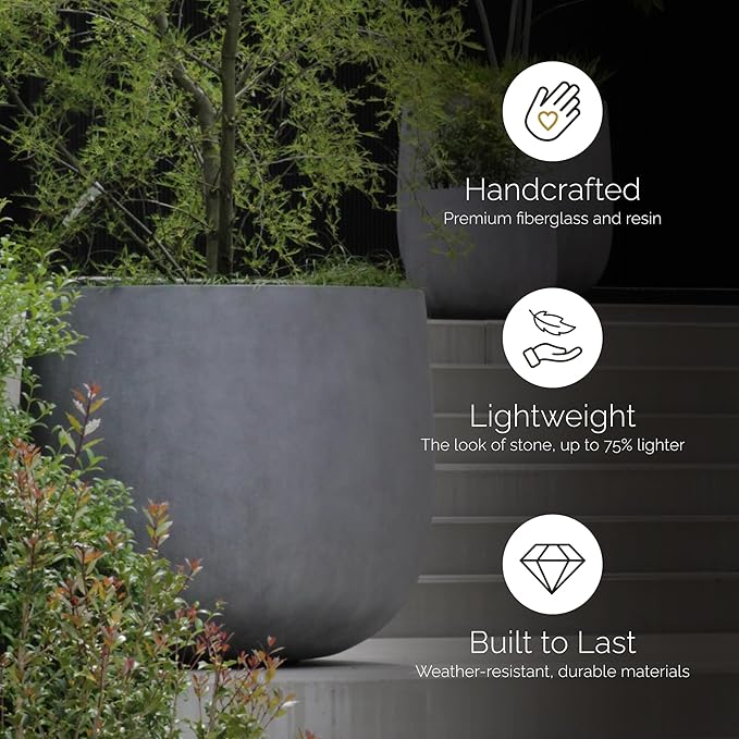 Mondo Large Planter – Sand Stone Finish – Fiberglass Indoor/Outdoor and Weather-Resistant Round Planter (39.4" D x 40" H Exterior, 37.8" D x 39.4" H Interior)