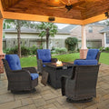 5 Pieces Patio Wicker Furniture Set - 4 Outdoor Swivel Rocker Glider Chairs with Propane Fire Pit Table, Warm Patio Conversation Set Blue Cushion Perfect for Casual Gathering