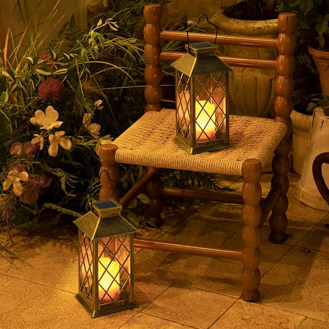 2Pack 11" Outdoor Solar Lanterns Waterproof Garden Patio Lantern Lights Flickering Candle Mission for Outside, Party, Yard, Lawn, Mothers Day Gifts Garden Gifts for Mom Women (Antique Green Bronze)