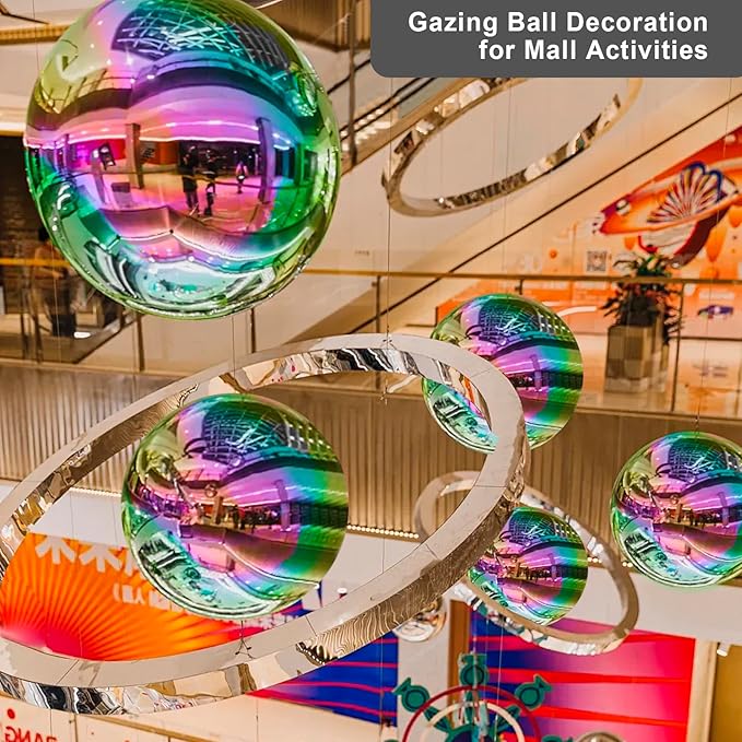 Nerien Gazing Ball, 3.9" Stainless Steel Garden Mirror Globe, Polished Ornament Sphere, Hollow Floating Reflective Hemisphere, Home Outdoor Pond Housewarming Swimming Pool Decoration, Rainbow, 2pcs