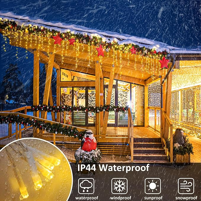 Icicle Christmas Lights, 98FT 1216 LED Icicle Lights for Outside with 228 Drops, 8 Modes Waterproof Twinkle String Lights for House Bedroom Wedding Holiday Decorations, Warm White