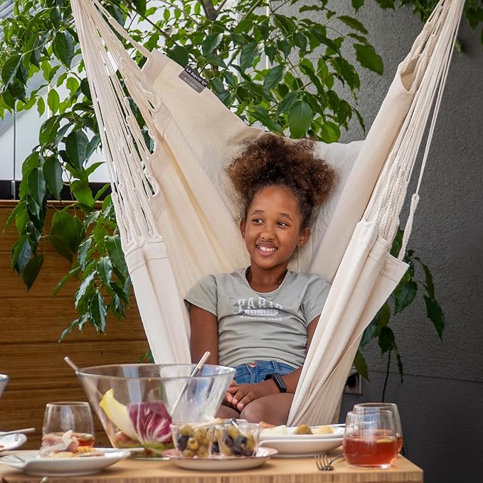 LA SIESTA - XL King Habana Cotton Hammock & Romano Steel Stand - Indoor Outdoor Hanging Chair Swing for Bedroom Porch Balcony - Boho Hanging Chair - Latte