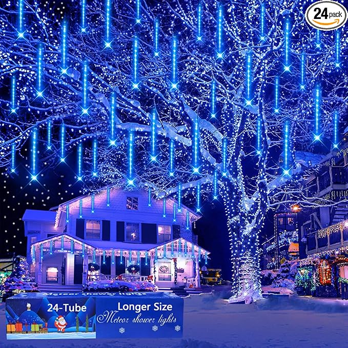 Outdoor Christmas Decorations, 24 Tubes(Equivalent to 3 Sets of 12Inch 8-Tubes) Meteor Shower Lights Snow Falling Icicle Christmas Lights Outdoor for House Tree Halloween Garden Decor, UL Plug, Blue