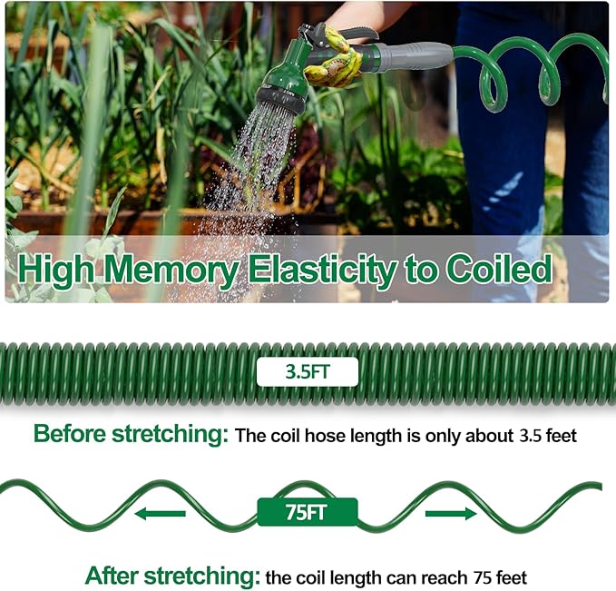 3/8" Lightweight Coil Garden Hose 75FT, EVA Flexible Curly Water Pipes with 6-Pattern Spray Nozzle for Boat, Greenhouse, Yard, Patio, Green