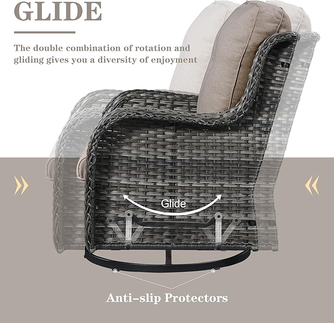 5 Pieces Patio Furniture Sets Wicker Outdoor Furniture, Rattan Patio Swivel Glider Chairs with 2 Ottoman and Glass Side Table