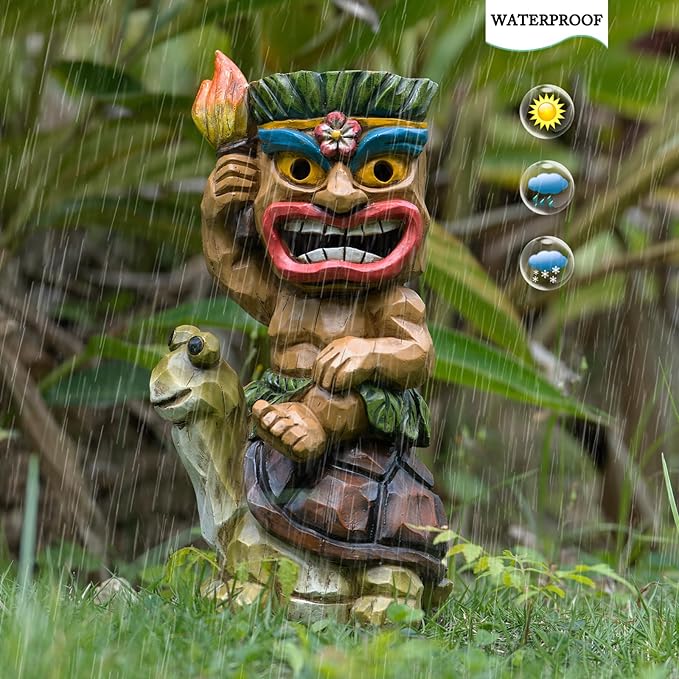 Solar Tiki Statue Light-Garden Turtles Outdoor Decor - Tiki Man Riding Turtle with Tiki Torch Solar Light for Tiki Bar Decorations, Patio, Balcony, Yard,Lawn,Gifts
