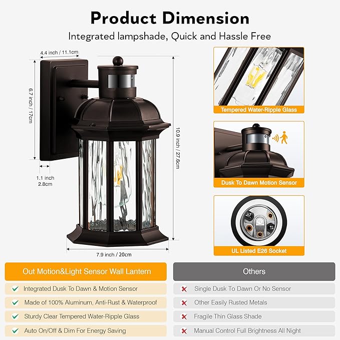VIANIS Outdoor Light Fixture with Motion Sensor, 2 Packs Oil Rubbed Bronze Dusk to Dawn Exterior Garage Wall Sconce Lighting, 100% Aluminum Outside Porch Lights for House with Tempered Ripple Glass
