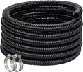 Pond Hose ID 1” × 50ft Black Corrugated Flexible Reinforced PVC Hose Vinyl Tubing for Pond Pump Fountain Garden Waterfall, Non-toxic & Kinkproof, with 2 clamps