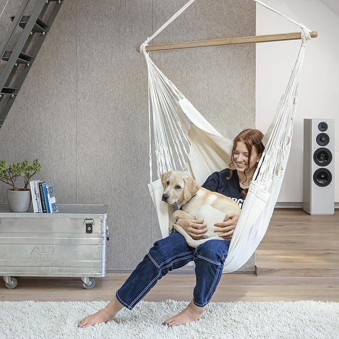 LA SIESTA® - XL King Habana Cotton Hammock Chair & CasaMount - Hanging Chair w/Suspension Kit for Walls Ceilings & Square Beams - Indoor Outdoor Swing Hanging Chair Bedroom Patio Balcony - Latte