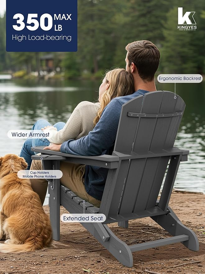 KINGYES Folding Adirondack Chair Set of 2, Dual Cup Holders & All-Weather HDPE, Wood-Like Patio Chair for Backyard, Camping, Pool & Fire Pit, Grey