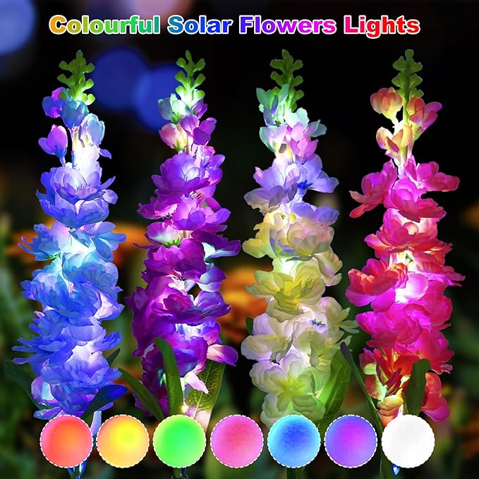 Solar Garden Lights, Solar Delphinium Flowers Lights 4 Pack 80 LEDs, Waterproof Solar Outdoor Lights Two Lighting Modes for Outside Wedding Party Garden Yard Patio Lawn Decor