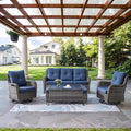 Wicker Outdoor Furniture Patio Furniture Set - 6 Piece Patio Conversation Set with Swivel Rocker Chairs, Rattan Sofa, Ottomans and Coffee Table, Blue Cushion