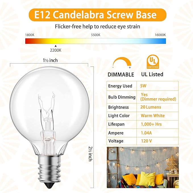 Brightown G40 Replacement Light Bulbs, 5W Clear Globe Bulb fits E12 C7 Candelabra Screw Base Sockets, 1.5 Inch Dimmable Light Bulbs for Indoor Outdoor Patio Decor, Pack of 50