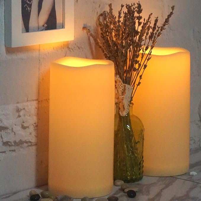 Waterproof Outdoor Flameless Candles with Remote, Set of 2, Large 4” x 8” Battery Operated Electric LED Pillar Candle Set for Home Décor Party Wedding Supplies Garden Christmas Decoration Gift