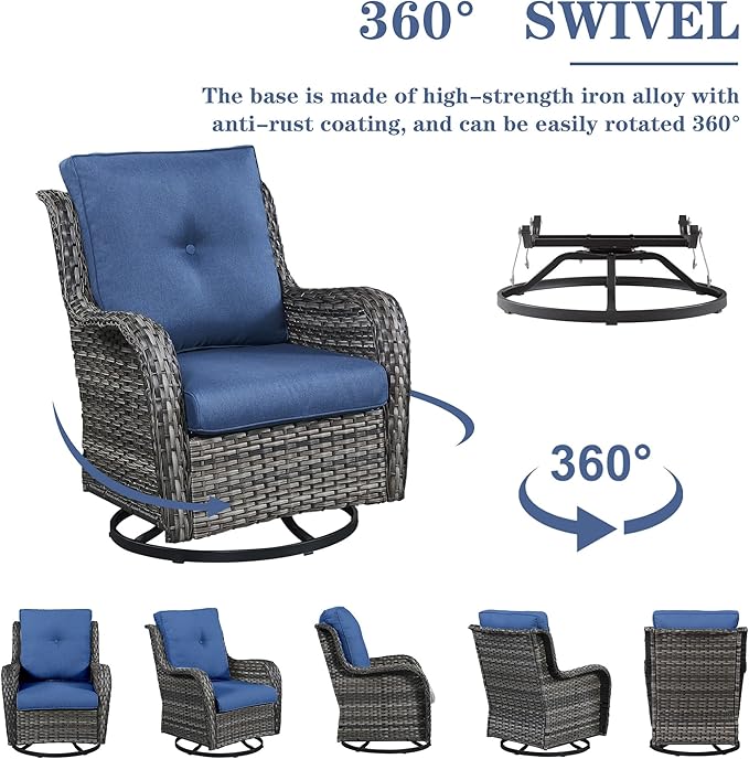 Wicker Outdoor Furniture Patio Furniture Set - 6 Piece Patio Conversation Set with Swivel Rocker Chairs, Rattan Sofa, Ottomans and Coffee Table, Blue Cushion