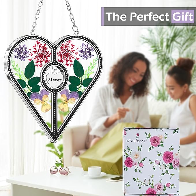 KY&BOSAM Heart Suncatcher Sister Stained Glass for windsows Hanging Wind Chimes with Pressed Real Flower Heart in Glass with Metal Trim Heart Charm Birthday Gift for Sister Mothers Day Christmas Decor