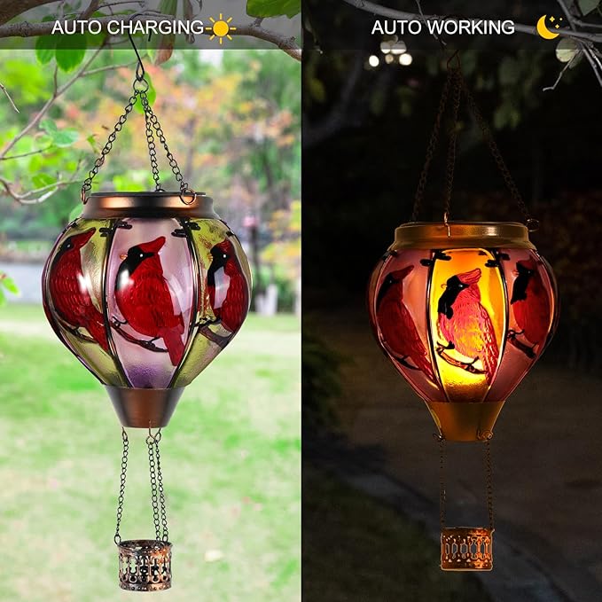 Cardinal Bird Hot Air Balloon Solar Lantern Lights, Solar Hot Air Balloon Flickering Flame Hanging Garden Light Candle LED Glass & Metal Outdoor Waterproof Lanterns Porch Yard Decor, Gift for Mom