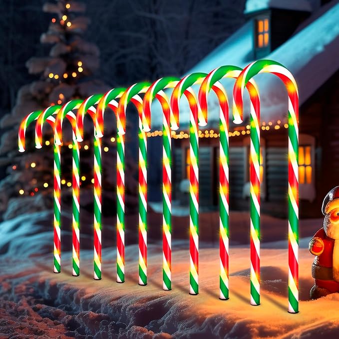 WeGuard 10PK Christmas Candy Cane Pathway Lights Outdoor Decorations 21" 8 Lighting Modes Flashing Waterproof Outdoor Lighted Christmas Decor for Garden Yard (Red&Green)