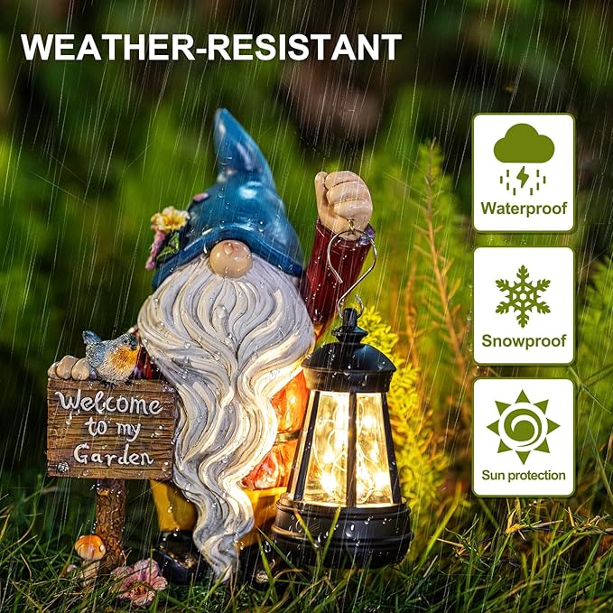 Garden Gnome Statues Figurine Lights - Solar Powered Lighting Outdoor Decorations with Lantern & Welcome Sign, Yard Art Lawn Ornaments for Porch Patio Balcony - Gnome Gifts for Women Mom