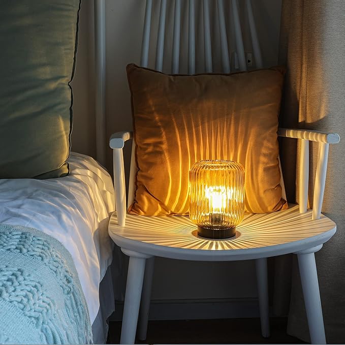 Battery Operated Lamp, Cordless Table Lamps for Home Decor, Battery Powered Nightlight with LED Bulb, Decorative Glass Beside Lamp for Bedroom Living Room-Gold