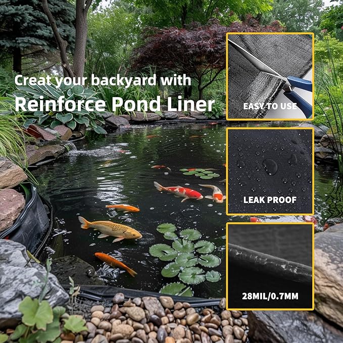 TEZONG Pond Liner,15x20Ft Pond Liners for Outdoor,28Mil PE Black Koi Fish Pond Liners,Reinforced Pond Underlayment for Water Garden,Waterfall,Fountain