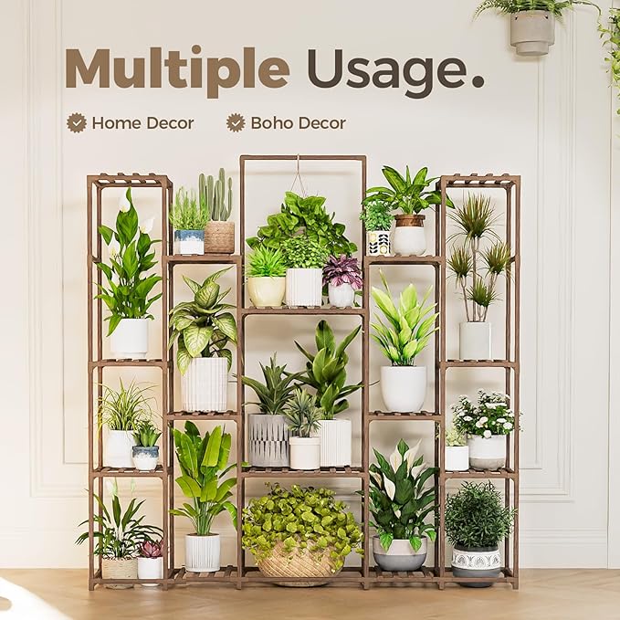 Bamworld Large Plant Shelf Plant Stand Indoor Hanging Tall Outdoor Plant Holder Wood for Multiple Plants Plant Rack for Living Room Garden Balcony Flower 17 Pots Wide