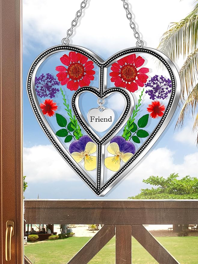 KY&BOSAM Heart Suncatcher Friend Stained Glass Hangings for Windows Real Flower Glass & Metal Maker Sun Catchers Birthday Gifts for Frined Home Party Backyard Indoor Outdoor Decor Christmas Ornament