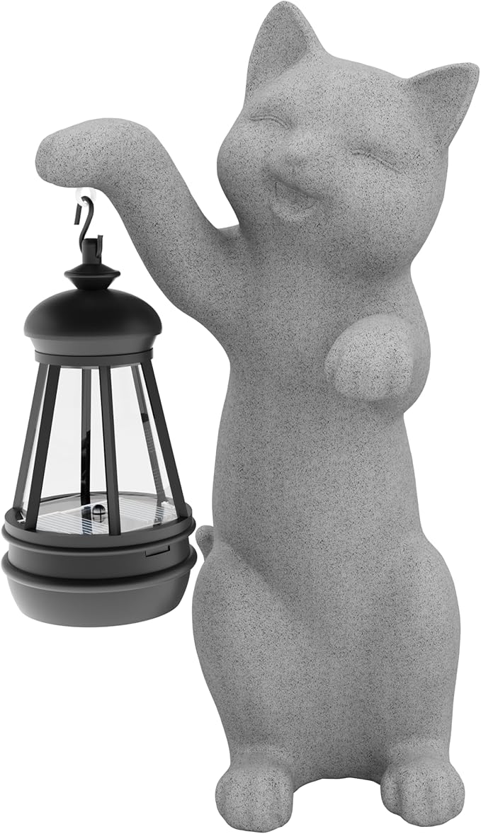 Solar Powered Garden Resin Statue Lights, 10 Inch Waterproof Outdoor Animal Cute Cat Figurine Lights, Suitable for Patios, Balconies, Lawns, Courtyards, Etc.(Hand)