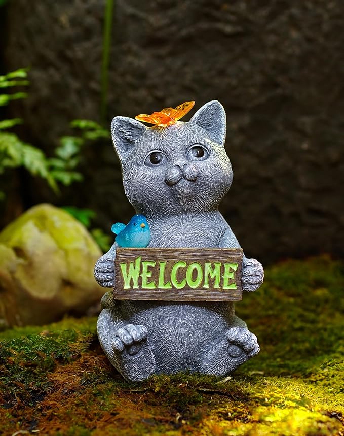 Goodeco Solar Cat with Welcome Sign - Outdoor Cat Statue with Solar Butterfly & Bird Lights - Perfect Cat Decor for Cat Lovers, Ideal Housewarming Gifts for Women & Moms (Gray)