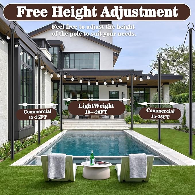 10Ft String Light Poles 2 Pack,Light Poles for Outside Lights,Outdoor with Fence Brackets Hanging Lights,Metal Stand Deck Patio Backyard