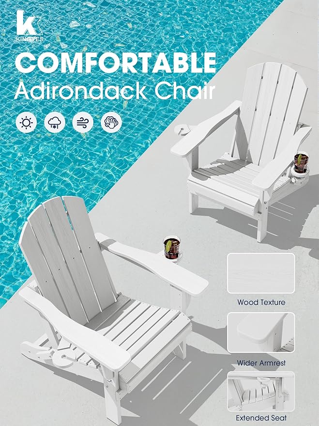KINGYES Folding Adirondack Chair Set of 2, Dual Cup Holders & All-Weather HDPE, Wood-Like Patio Chair for Backyard, Camping, Pool & Fire Pit, White