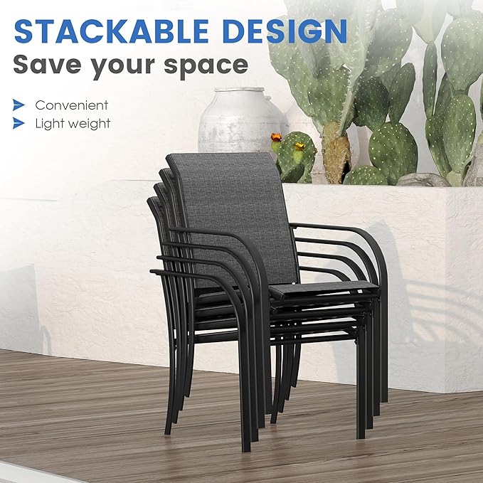 VICLLAX 11 Pieces Patio Dining Set for 10, Outdoor Furniture Set Includes 60" Round Outdoor Table and 10 Lawn Stackable Chairs, Black Tabletop and Grey Fabric