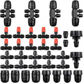 36 Pcs 1/2" to 1/4" Drip Irrigation Fittings Kit Barbed Tee Connector 2 4 6 Way Locked Tee Easy Connector Tubing End Plug Misting Nozzle Irrigation Hose Adapter for Lawn Plant System