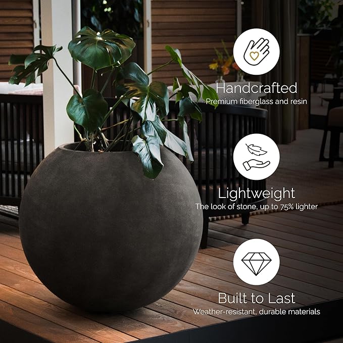 Orbo Large Planter – Fiberglass Indoor/Outdoor and Weather-Resistant Globe Planter (Grey Stone, 35.4" D x 31.3" H)