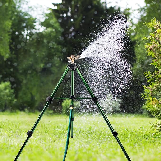 Biswing Impact Sprinkler Head on Tripod Base, Heavy Duty Lawn Sprinklers, 360 Degree Large Area Irrigation, Brass Sprinkler Nozzle & Solid Alloy Metal Extension Legs Flip Locks, 2 Pack