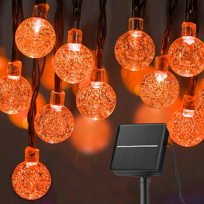 Solar Halloween String Lights Outdoor 60 LED 36 Feet Crystal Globe String Lights with 8 Lighting Modes, Waterproof Solar Powered Patio Lights for Garden Yard Porch Decor (Orange)