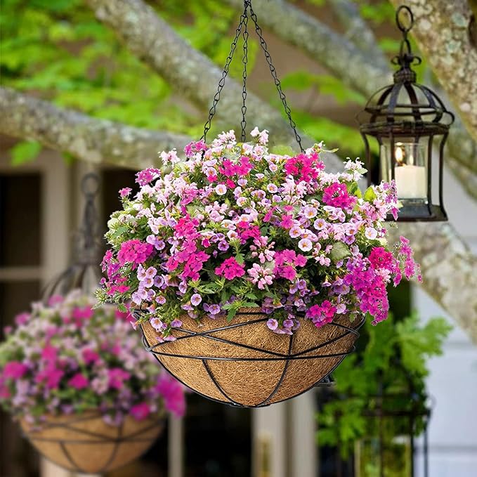 4 Pack 14 Inch Hanging Flower Baskets for Outdoor Plants Large Metal Wire Planters with Coco Liner Pot for Home Planting Black Watering Plant Holders for Outside Garden
