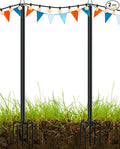 LAND·VOI Metal String Light Poles for Outside Hanging - Backyard, Garden, Patio, 2 Pack Lighting Stand with Adjustable Height for Outdoor Parties, Wedding, Extra-Long 5-Prong Claws, (9.6FT) FLP02B
