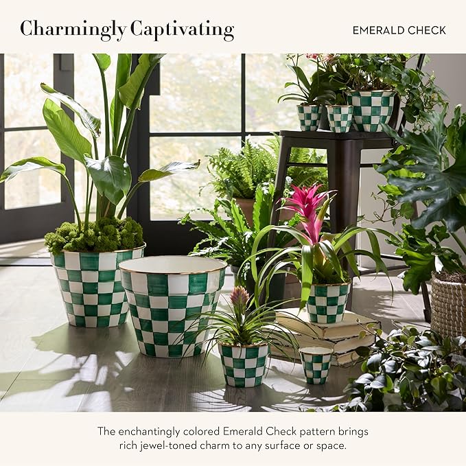 MACKENZIE-CHILDS Enamel Garden Pot, Decorative Pot for Plants, Outdoor Flowerpot Decor, Extra Large, Green-and-White Emerald Check